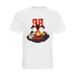 Детска тениска 99 Nights - Andy Studio с червена '99', елен демон и кавайни герои около лагерен огън на бяла основа.