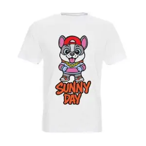 Тениска Funky Nara есенен комплект с печат на френски булдог в хип-хоп стил, с червена капачка, розови ръкавици, златна верига и надпис Sunday Habit в оранжево на бяла основа